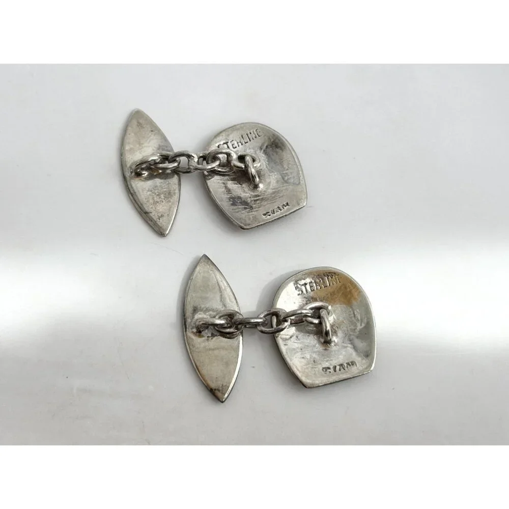 Siam Sterling Cufflink Black Horseshoe Nielloware Vintage Thai Made 925 Earrings